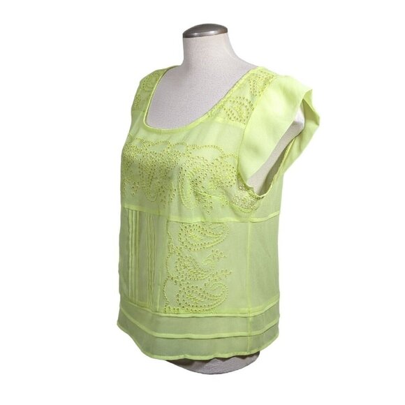 American Eagle Womens L Blouse Top Neon Yellow Sheer Eyelet Paisley Button Back - Picture 3 of 6